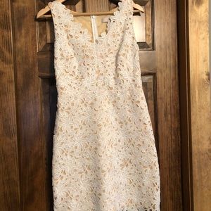 Sleeveless v-neck lace overlay sheath dress